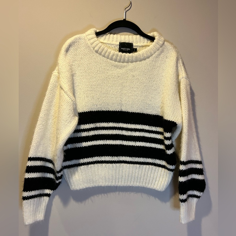 Nasty Gal Black White Striped Womens Sweater Small Cozy Y2K Fuzzy Warm